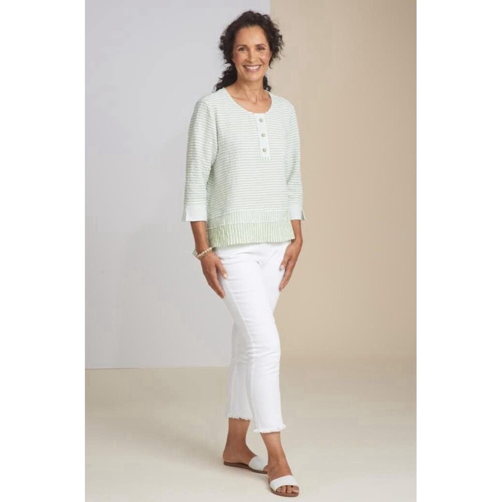 Habitat Clothes To Live In Womens 3/4 Sleeves Top Green Striped Crepe Blouse L